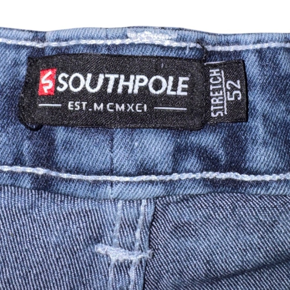 Southpole Mens Blue Acid Wash Biker Denim Shorts Moto Ribbed Zippers Size 52 - Picture 3 of 13